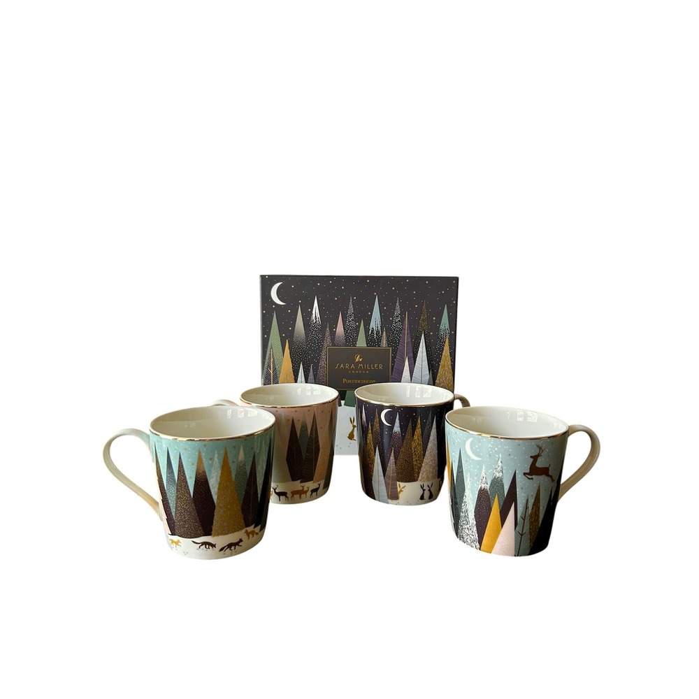 Portmeirion Sara Miller London Frosted Pines Mugs Set Of 4 Box Christmas Winter